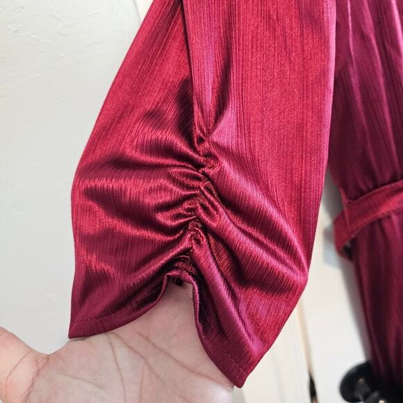 Vintage 80s Dress Womens Large Burgundy Silky Lace Glam Rock Party Retro - Picture 6 of 11